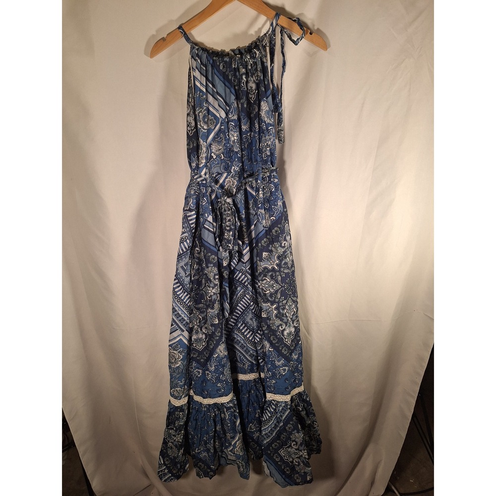 Lucky Brand Womens Blue Patchwork Paisley Cotton Maxi Dress Halter Lace Trim S